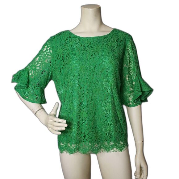Nanette Nanette Lepore Lace Top Womens Large Green Ruffle Sleeve Scalloped Sheer - Picture 1 of 4